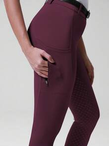 Women's Knitted Silicone Print Equestrian Pants - Burgundy - View 6