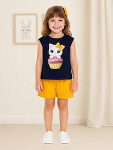 Conjunto Infantil Menina Verão Blusa Meia Malha e Short Moletinho Confortavel Elegante Kyly 1000986 - Azul Marinho - Visão 2