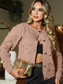 Winter Coat Knitted Cold Weather Blouse Cardigan Style Casual Party Knitwear Women's Clothing - 米色 - 查看 4