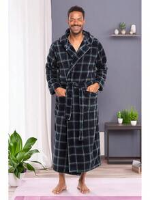 Mens Robe With Hood, Plush Fleece Hooded Mens Bathrobe, Big And Tall Bath Robe For Menhalloween - Blue and Green Tartan Plaid - View 9