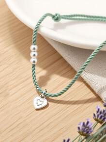 1pc 925 Sterling Silver Minimalist Heart Pendant With Silver Beads & Red Cord Bracelet, Simple & Lucky Accessory Gift For Women - Silver - View 6