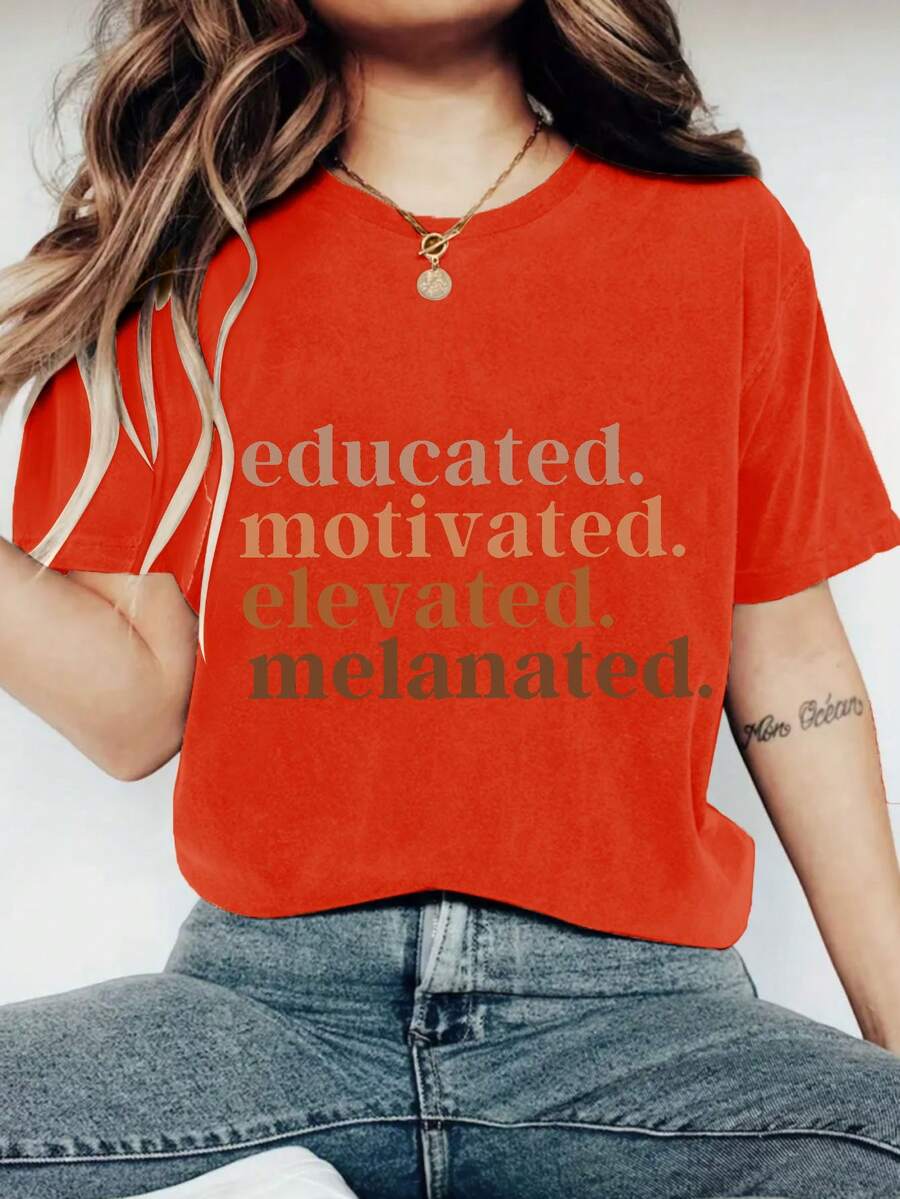 EDUCATED AND MOTIVATED Print Crew Neck T-Shirt - Fashionable Womens Graphic Print T-Shirt - Casual Short Sleeve Crew Neck Top - Lightweight & Breathable For Spring & Summer Wardrobe, 1 Piece, 200g - 紅色 - 查看 1