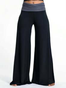 Women Fold Over Waist Flared Pants Yoga Leggings Workout Sweatpants Y2k Loose Wide Leg Trousers Sportswear - màu đen - Xem 1