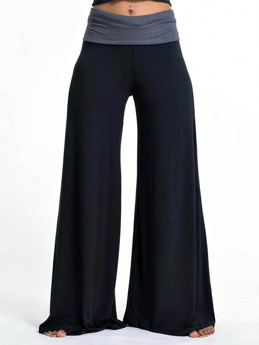 Women Fold Over Waist Flared Pants Yoga Leggings Workout Sweatpants Y2k Loose Wide Leg Trousers Sportswear - màu đen - Xem 1