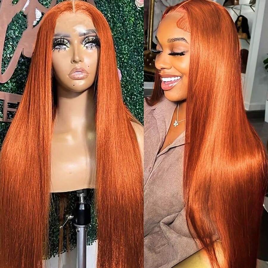 13X6 Free Part Platinum Blonde Lace Front Wigs 28 Inch Pre Plucked Long Straight Hair Wigs Glueless Soft Ash Blonde Colored Wigs Heat Resistant Fiber Hair Synthetic Lace Front Wigs For Women For Daily Christmas Party Cosplay Use - Red Orange - 查看 1