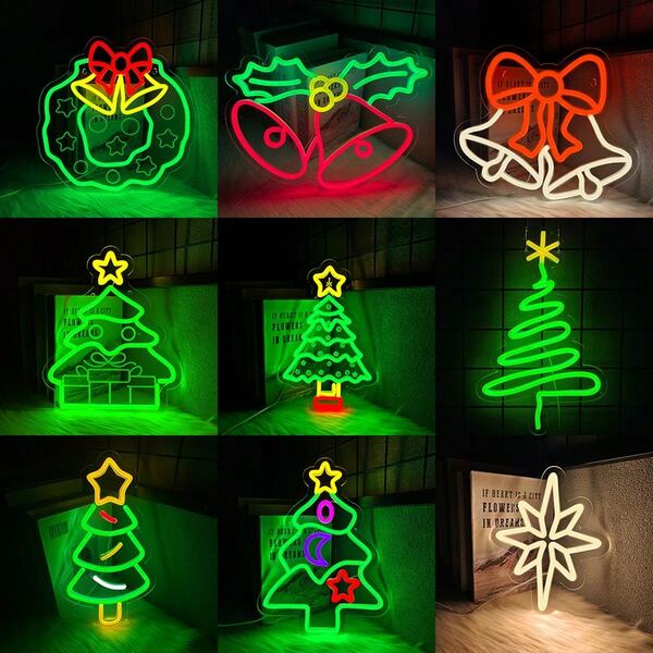 Christmas Neon Sign,Bell Neon Sign Bow LED Lights For Wall Decor,Christmas Tree LED Light For Christmas Party Decorations,USB Powered Xmas Neon Lighting With Hanging Chain,Suitable For Bedroom,Window,Kids Gifts, Party,Home Bar, Winter Home, Club - Festive Decoration & Gift,Easy To Install.