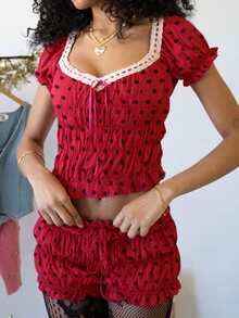 Women's Summer Pajamas Set Solid/Dot Print Lace Trim Smocked Short Sleeve Tops And Shorts Lounge Wear 2 Pcs Set - Red (polka Dots) - View 2