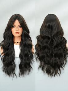 24 Inch Long Wavy Black Wig With Curtain Bangs For Women Heat Resistant Fiber Hairpiece,Natural Synthetic Full Machine Hair Wigs For Daily Music Festival Party Wear, Cosplay Halloween & Street Photography Use - 自然黑 - 查看 5