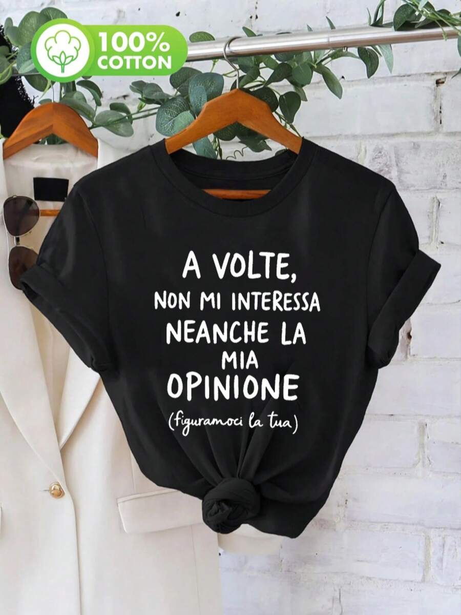 1PC 100%CottonCasual Tee With Italian Quote 'A Volte Non Mi Interessa', Humorous Style - Black - View 1