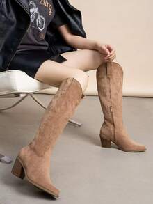 Women's Western Style Rhinestone Embellished Mid-Calf Boots - Camel 5656 - View 3