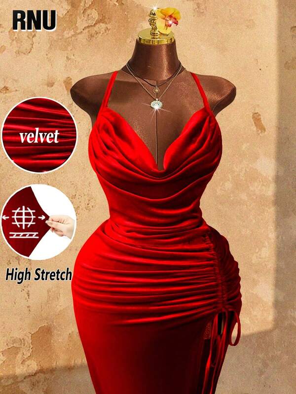 RNU Vestido ajustado de mujer talla grande de tela de terciopelo con escote pronunciado, cintura fruncida, cordón lateral y abertura alta, adecuado para fiestas, bodas y ocasiones formales