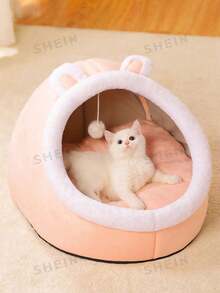 1 件四季封闭式可爱猫/狗床，温暖宠物窝，带可拆卸垫子