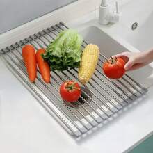 1pc Stainless Steel Collapsible Kitchen Sink Dish Drying Rack - Food-, Silicone Edged Metal Foldable Drainer Rack, Space-Saving Strainer And Roll-Up Dish Rack, Great For Fruit & Vegetable Washing, Over Sink Dish Drying Rack - Grey - Grey - View 5
