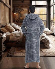 Mens Robe With Hood, Plush Fleece Hooded Mens Bathrobe, Big And Tall Bath Robe For Menhalloween - 深混色灰色 - 查看 3