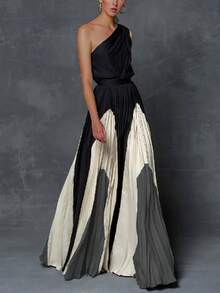 Women Fashion Printed Elegant Evening Maxi Dresses 2025 New Summer Asymmetric Sleeveless One-Shoulder Pleated A-Line Vacation Long Dress - màu đen - Xem 1