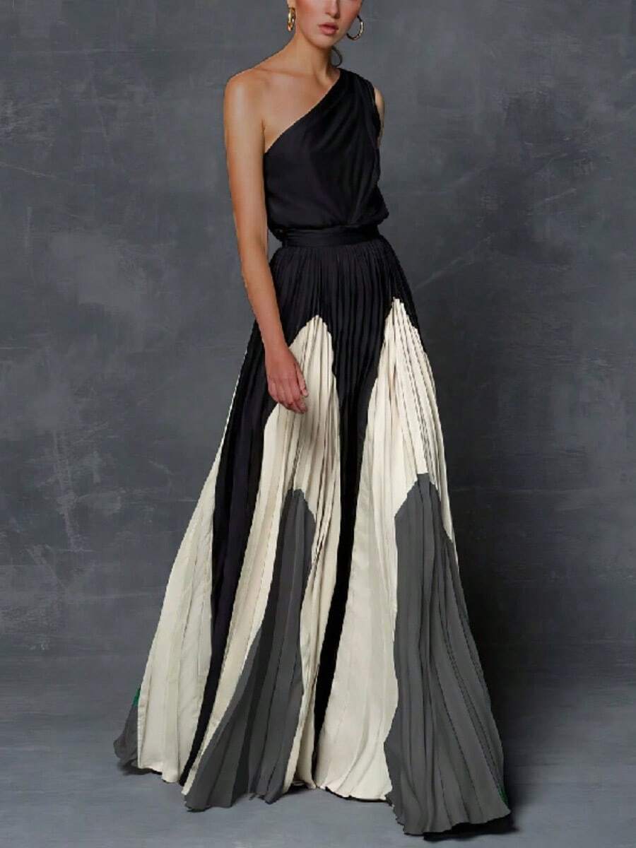 Women Fashion Printed Elegant Evening Maxi Dresses 2025 New Summer Asymmetric Sleeveless One-Shoulder Pleated A-Line Vacation Long Dress - màu đen - Xem 1