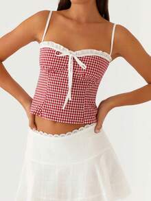 Women's Plaid Print Camisole Adjustable Spaghetti Strap Slim Fit Mini Tank Tops Streetwear - Red - View 3