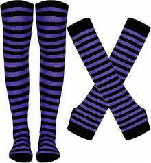 Tongcloud Women's Striped Knee High Socks, Over Knee Thigh High Socks, Arm Warmer And Fingerless Gloves SetHalloween Christmas New Year - 黑色和紫色 - 查看 1