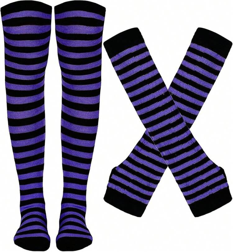 Tongcloud Women's Striped Knee High Socks, Over Knee Thigh High Socks, Arm Warmer And Fingerless Gloves SetHalloween Christmas New Year - Đen và tím - Xem 1
