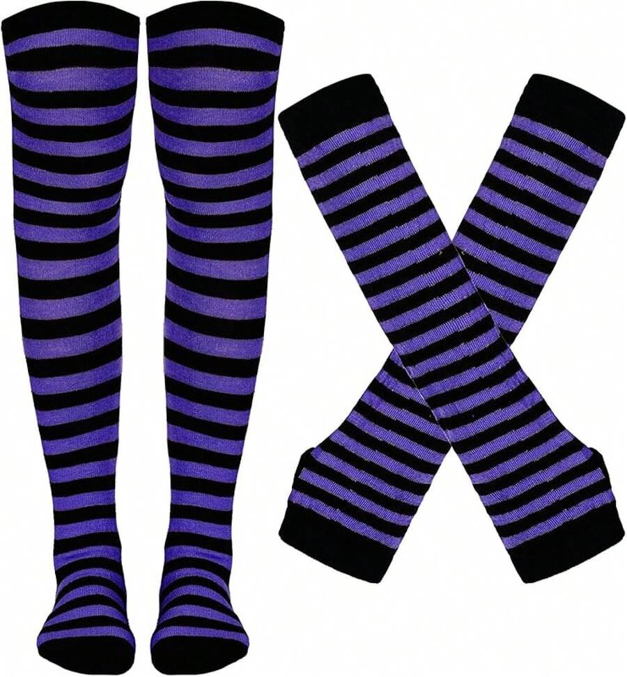 Tongcloud Women's Striped Knee High Socks, Over Knee Thigh High Socks, Arm Warmer And Fingerless Gloves SetHalloween Christmas New Year - 黑色和紫色 - 查看 1
