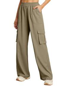 Womens Cargo Trousers Joggers Work Straight Wide Leg Lounge Cargo Pants Elastic Waist Stretch Combat Trousers With Pockets Sport Jogging Tracksuit Bottoms For Ladies - Khaki - View 2
