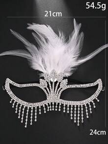 Silver Feather Rhinestone Tassel Mask, Luxury Crystal Facial Decor, Masquerade Party Mask For Women - Silver - View 4