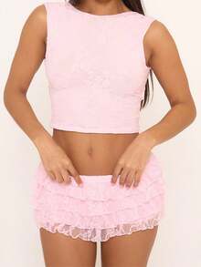 Women Tiered Shorts Set 2 Piece Outfits Casual Y2K Sleeveless Floral Print Tank Crop Tops And Ruffle Hem Shorts Sets - Hồng - Xem 2