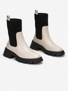 Botas de cano alto elásticas, modernas, casuais, minimalistas, com blocos de cores para uso diário - Bege - Ver 4