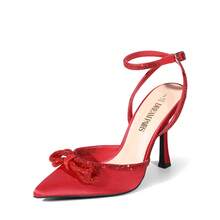 Women's Rhinestone Ankle Strap High Heels Destiny Closed Toe Strappy Heels Sexy  Pumps Wedding Bridal Party Prom Dress Shoes - 紅緞 - 查看 5