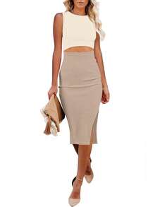 Elegant White Cut - Out Bodycon Midi Dress - 淺咖-杏色 - 查看 1