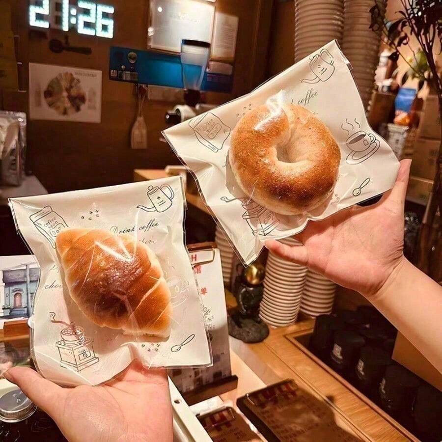 100pcs  Transparent Hand-Painted Bread Bag: Coffee Utensil Pattern Embellished, Bagel Packaging Hidden, Baked Small Fortune - Clear - View 1