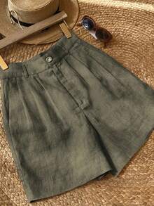 Quần short nữ dáng rộng, màu trơn, cài nút, kiểu dáng thường ngày, đa năng cho mùa hè. - Xám Xanh Lá Cây - Xem 3