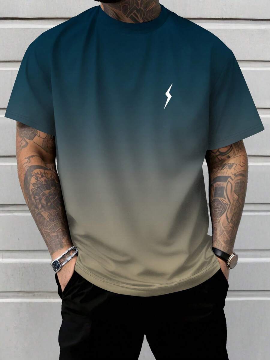 Men's Gradient Lightning Print Short Sleeve T-Shirt, Fashion For Summer - Multicolor - View 1