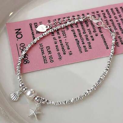 1 pieza Brazalete de plata plateada con perla falsa en forma de estrella de mar y concha, plata de ley 925, regalo de joyería para mujer, regalo de fiesta, regalo de cumpleaños, uso diario