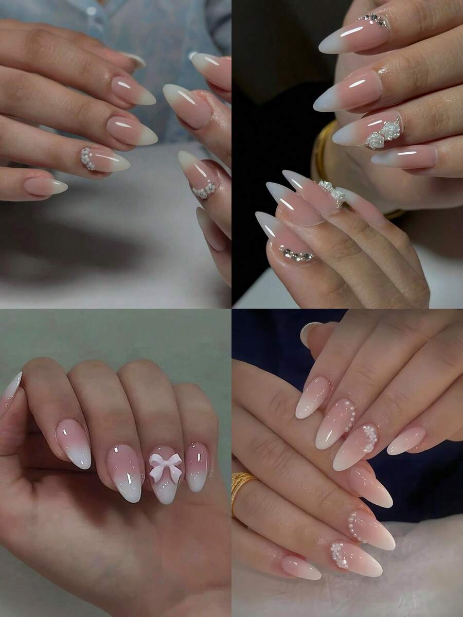 96 Stück mittlere Mandel-Aufklebe-Nägel mit französischer Spitze, Blumen- und Perlendesign, elegant & schick für Frauen und Mädchen, Sommer-Nägel-Kunst für Alltag, Büro, Zuhause, Party, Nagelbedarf - Verschiedenfarbig - Übersicht 1