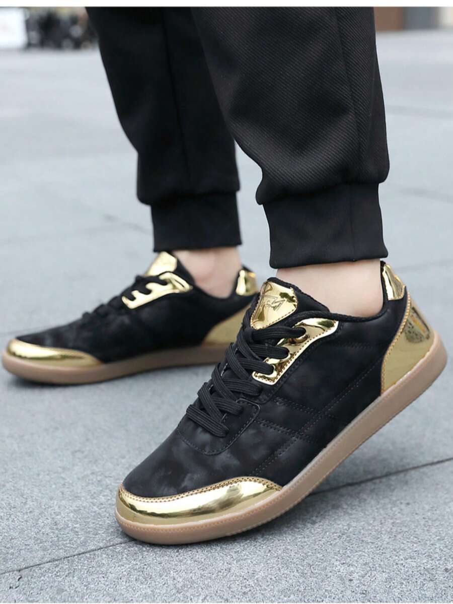 2025 Autumn New Arrival Plus Size Couple Shoes, Lightweight Soft Sole Sneakers, Color Block Lace-Up Sports Shoes - Black Gold - View 1