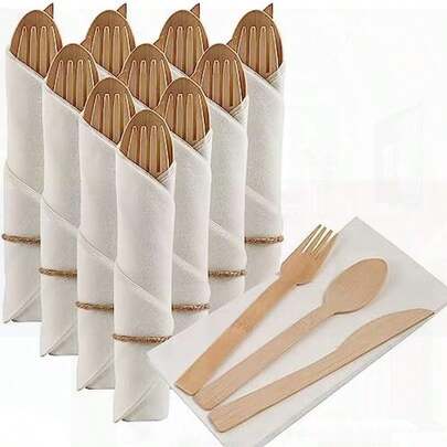 Pre Rolled Napkin & Bamboo Cutlery Set - 10Pack (10 Forks, 10 Knives, 10 Spoons, 10 Napkins),  For Party, Banquet, Wedding