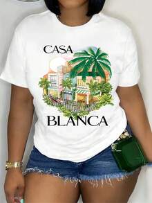 [CASA BLANCA Tee] Soft Polyester Women's  CASA BLANCA  Graphic Tee   Tropical Palm Tree Print, Crew Neck, Short Sleeve, Machine Washable   Ideal For Spring & Summer Casual Wear - trắng - Xem 1