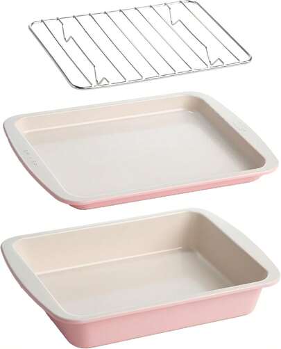 Tasty Juego de horno tostador antiadherente para hornear incluye bandeja para pasteles, bandeja para horno, estante, utensilios para hornear de acero al carbono, juego de 3 piezas, rosa