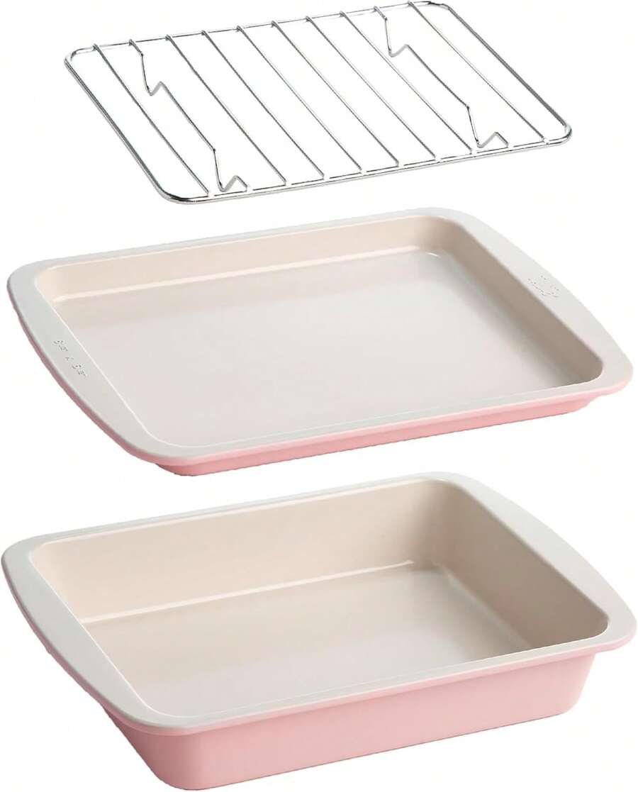 Tasty Juego de horno tostador antiadherente para hornear incluye bandeja para pasteles, bandeja para horno, estante, utensilios para hornear de acero al carbono, juego de 3 piezas, rosa - Rosa - Ver 1