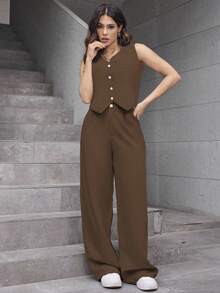 A&DD MODA, Ref: AS1431 – Women's Plain Suit, High-Waisted Straight Casual Pants, V-Neck Cardigan, Sophisticated Look, High Quality, Modern Look, Versatile Piece, Elegant Style, Two-Piece Set, Casual Chic Look, Comfortable And Stylish, Skirt With Pockets, Elastic Waistband, Eye-Catching Piece, Perfect For Spring And Summer, Blogger Style, Casual And Formal, Suitable For All Occasions, Elegant And Fresh, Feminine Look, Summer 2025 Collection. - 巧克力棕 - 查看 4