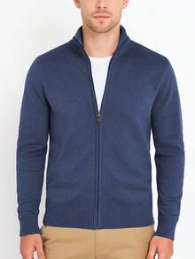 Homme Men's Simple LightweightStylish Casual Zip-Up Knit Sweater, Suitable For Autumn/Winter, Mock Neck Men, Men Knit Tops, Quarter Zip Sweater Men, Men S Sweater  Plain - 海軍 - 查看 2