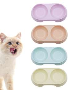 Cat Plastic Dual Bowl, Cat Food Bowl, Separate Food & Water Design, Silicone Bottom Anti-Spill, Suitable For Kittens & Adult Cats, Easy To Clean & Durable - Multicolor - View 1