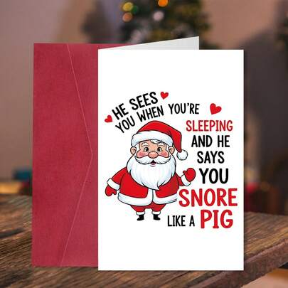 1 张节日圣诞老人圣诞贺卡，带信封，有趣的“他在你睡觉时看到你”节日和新年祝福卡 - 送给家人、朋友和同事的完美礼物