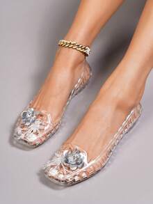 秋冬韩版果冻鞋女时尚低帮镂空方头平底一脚蹬休闲鞋 - 無色 - 查看 6