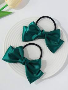 2pcs Fashionable Versatile Delicate Princess Style Hair Accessories/Hair Ties, Double-Layer Glossy Bow Design Hair Ties, Essential For Daily Hairstyles And Braiding - Dark Green - View 4