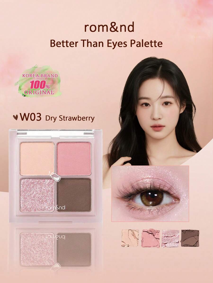Rom&nd Better Than Eyes Eyeshadow Palette W03 Dry Strawberry, Basic Eyeshadow Palette, 4 Colors Daily Natural Tones, Velvet Texture, Easy To Blend, Vibrant Color, Matte And Shimmer Dual Finish, High Color Payoff, Long-Lasting, Korean Cosmetics, Gift Set - W03 Dâu tây khô - Xem 1