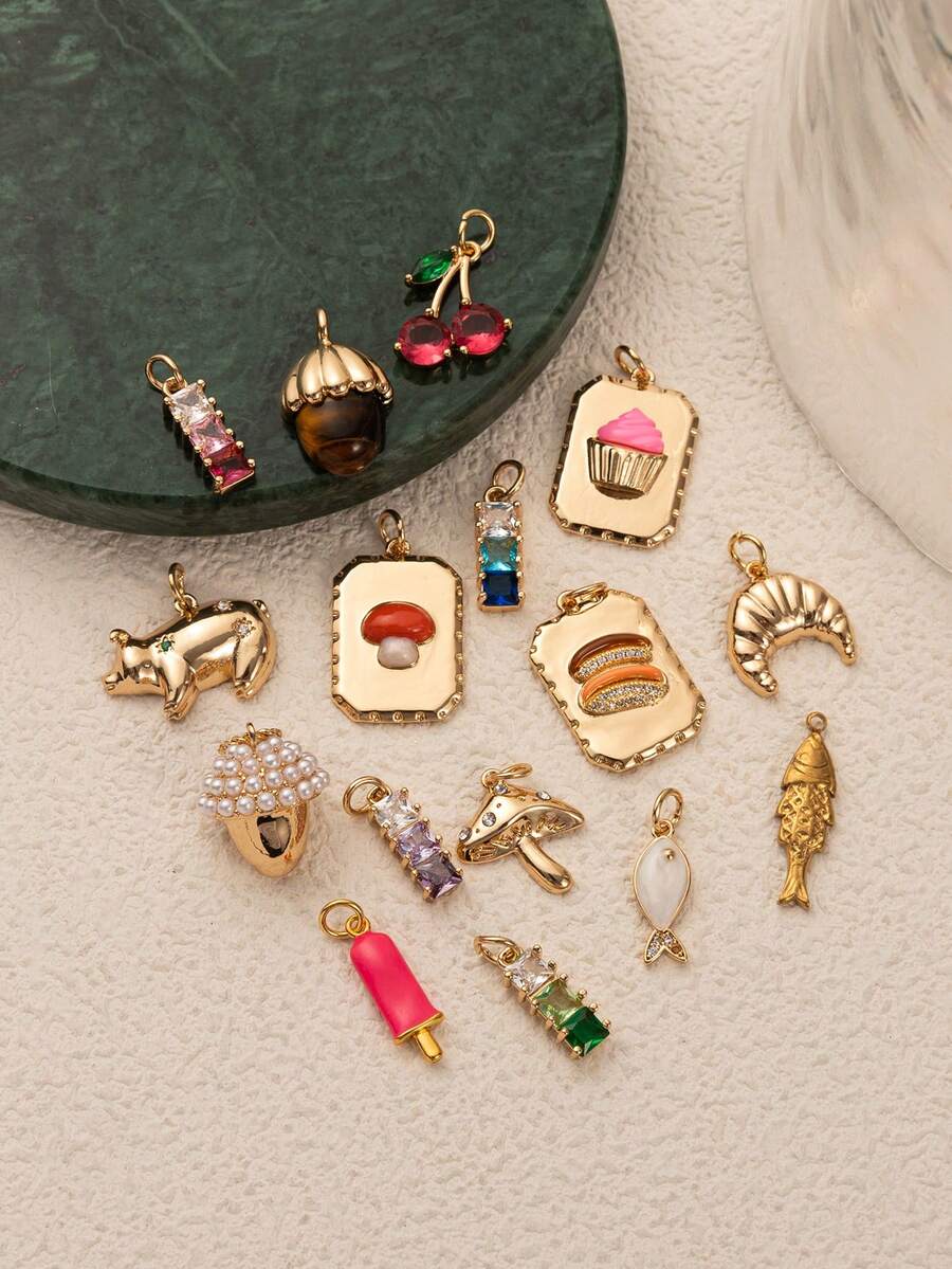 1pc Fashionable & Exquisite Gold-Tone Pig, Cherry Fish, Mushroom Cake Pendant With Cubic Zirconia, Suitable For DIY Necklace, Bracelet, Earring, Bag Chain, Keychain, 18K Gold Plated, Creative Pendant Gift For Wife, Mother, Girlfriend - Multicolor - View 1