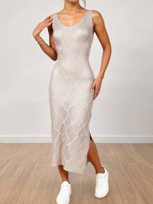 Vestido midi de punto calado con patrón de rombos, estilo elegante para playa en primavera, verano y otoño - Dorado - Ver 2