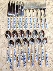 4/6/12/24件套蓝白瓷柄不锈钢餐具套装，独特优雅的牛排刀、叉、勺，复古陶瓷材质，适用于餐厅、厨房、日常用餐、派对和节日聚会。 - 彩色 - 查看 12